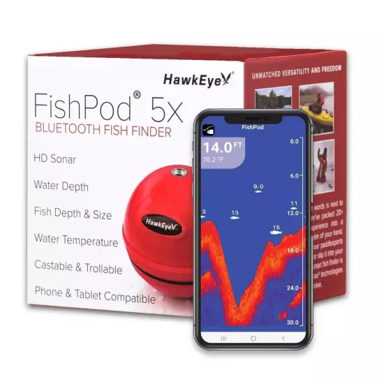 HawkEye FISHPOD 5X BLUETOOTH WIRELESS CASTABLE SMART PHONE FISH FINDER 2 YR WARR