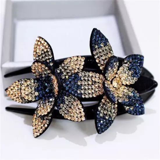 Ladies Rhinestone Double Flower Hair Clip Barrettes Crystal Comb Large Catch 1x-