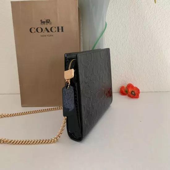 NWT COACH CV407 Slim Crossbody Bag in Signature Patent Leather Black