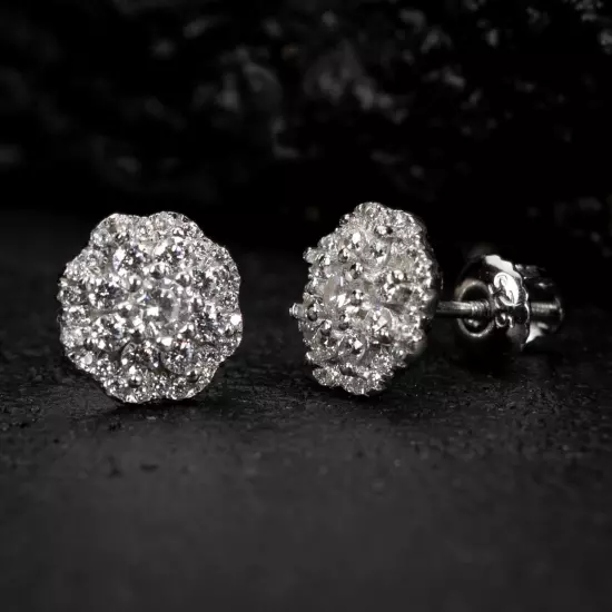 White Gold 925 Sterling Silver Men's Flower Cluster Cz Stud Screw Back Earrings