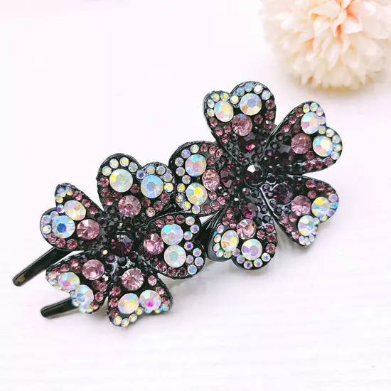 Ladies Rhinestone Double Flower Hair Clip Barrettes Crystal Comb Large Catch 1x-