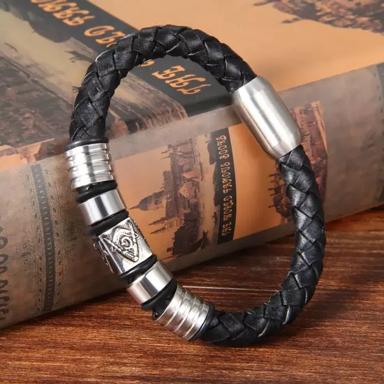 Men's Braided Leather Free-Mason Masonic Bead Magnetic Bracelet Cuff Bangle