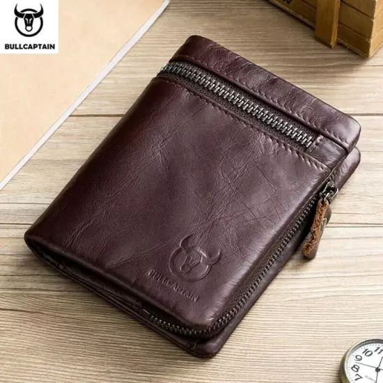 BULLCAPTAIN Retro Genuine Leather RFID Mens Wallet Card ID Holder Zipper Purse