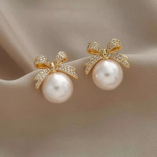 1Pair Vintage Bow Stud Earrings Rhinestone Pearl Bowknot Earrings Jewelry Gifts