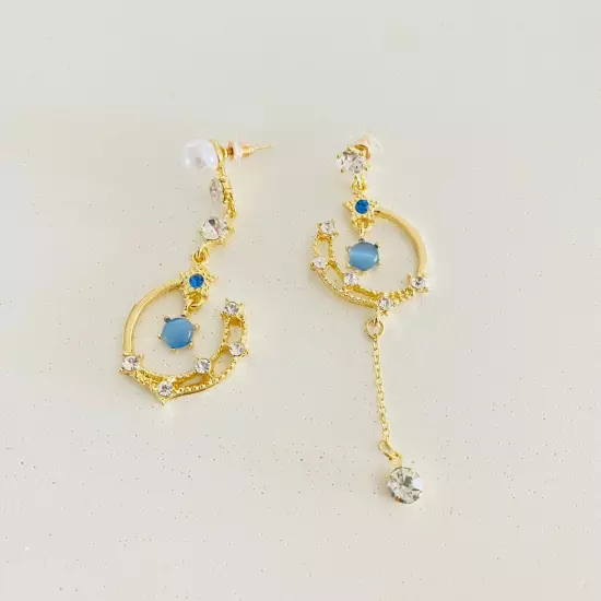 Stars and Crescent Moon Boho Dangle Asymmetric Galaxy Earrings Gold Tone, Blue