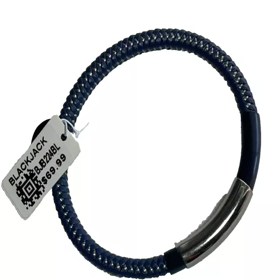 Blackjack Blue Metallic Woven Leather Silver Accent Stainless Steel Men Bracelet