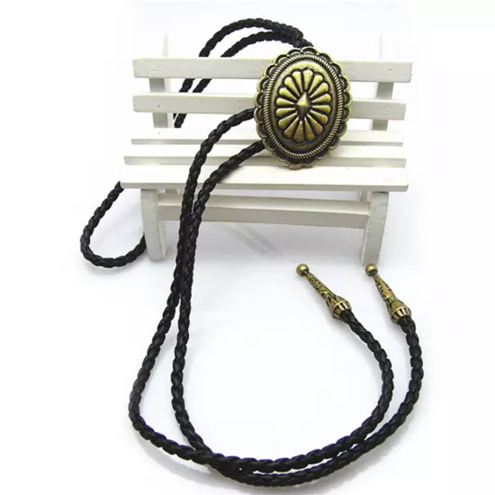 Vintage Men Bolo Tie Western Cowboy Indian Celtic Pattern Alloy Necklace PU Rope