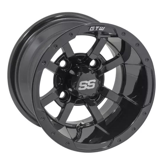 Set of 4 GTW 10" Storm Trooper Gloss Black Golf Cart Wheels on 22" A/T Tires