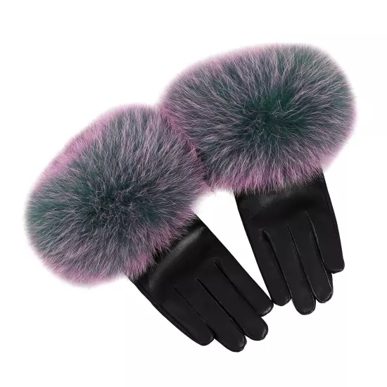 Women Genuine Lambskin Leather Gloves With Real Fox Fur Trim Cuff Winter Warm