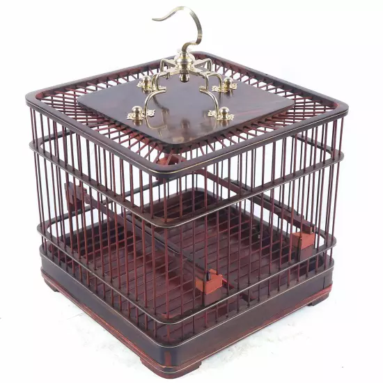 Asian Bird Cage Square Solid Wood Carved Chinese Bamboo Pet Nest Home W/ Drawer