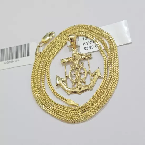 Real 10k Gold Franco Chain 22 Inch Jesus Anchor Charm Pendant Necklace SET END