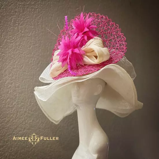 Aimee Fuller Kentucky Derby Hat Ascot Fascinator Gold Pink White Rose Del Mar