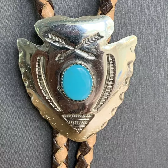 Vintage Turquoise Arrowhead Native American Bolo Tie Unique Aglets Western Wear