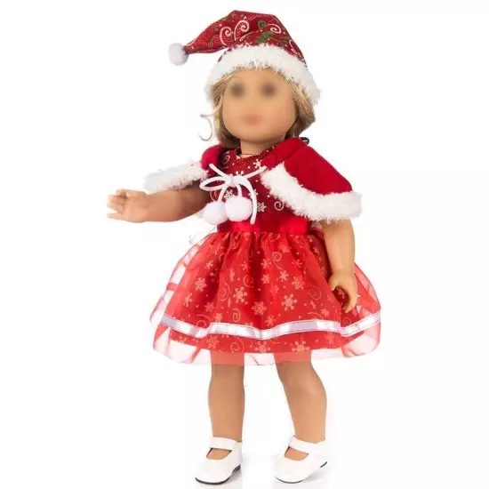 Red Merry Christmas Dress for 18" American Doll Outfits Clothes Hat Cloak 1/4