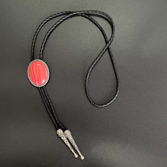 Red Striped Pine Stone Mens Bolo Tie Cowboy Vintage Alloy PU Rope Wedding