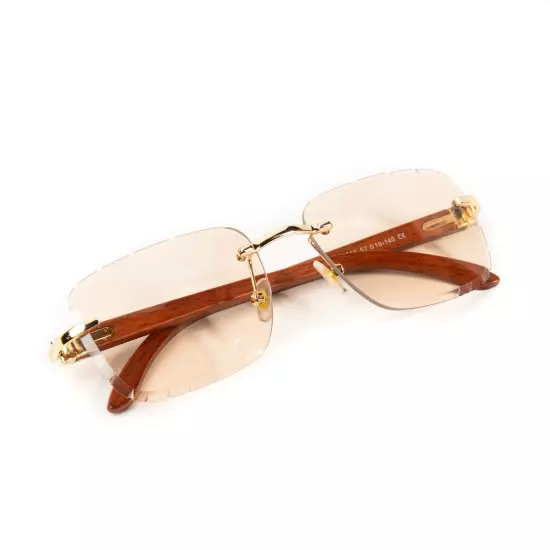 Men's Tan Tint Rimless Gold Frame Woodgrain Gem Cut Hip Hop Sunglasses