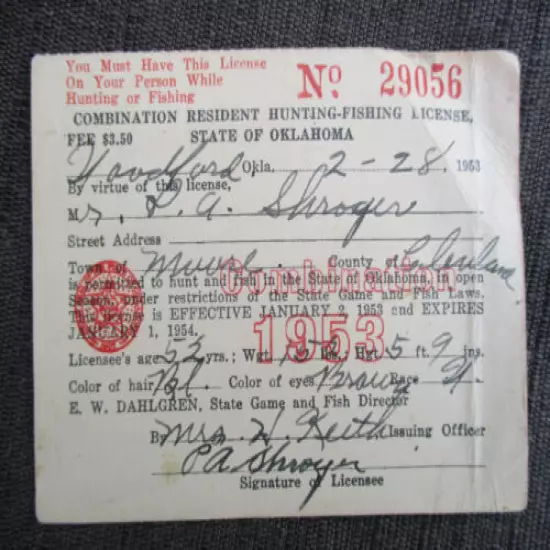 VINTAGE 1953 RESIDENT HUNTING & FISHING LICENSE MOORE, OKLAHOMA 