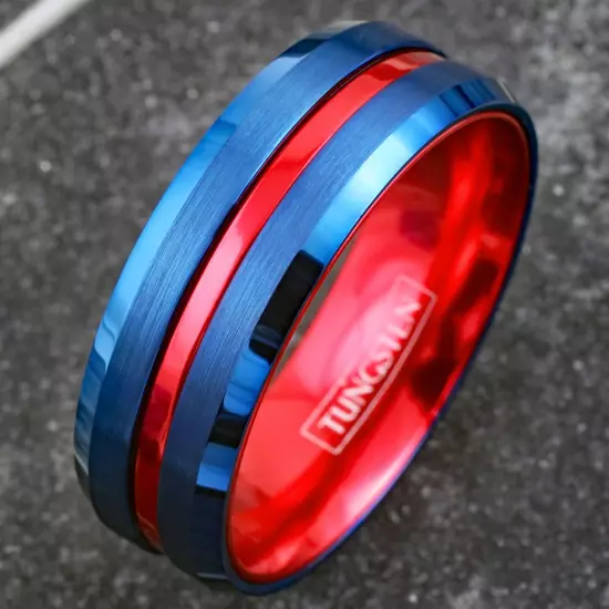 Blue Tungsten Carbide Men's Thin Red Line Wedding Band Ring - Superhero Colors