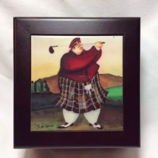 Mans Jennifer Garant Signed Jewelry Box w/Fat Scottish Golfer in Kilt Attire