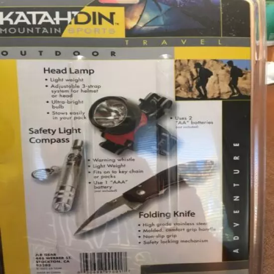 KATAHDIN MOUNTAIN SPORTS TRAVEL GEAR FOLDING KNIFE, SAFETY LT COMPASS, HEAD LAMP