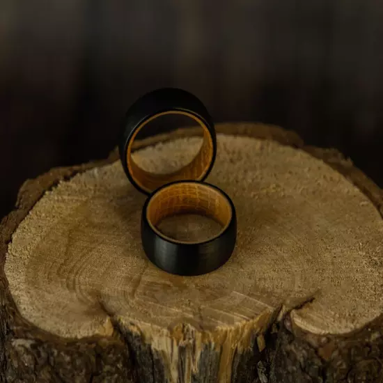 Whiskey Barrel Ring Tungsten Black Plain Wood Inside Wedding Band Ring for Men