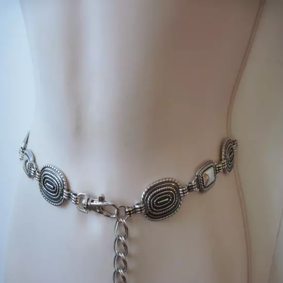 70's Ornate Silver Vintage Chain Belt O/S Adjustable Waist Full Length 58"