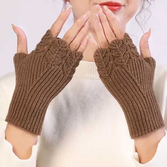 Womens Fingerless Gloves Wool Knitted Mittens Wrist Half Finger Short Gloves