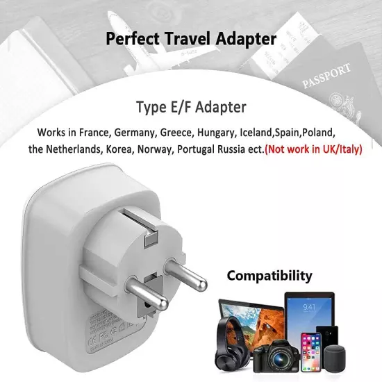 Germany France Travel Power Adapter, Schuko European Plug with 2 USB, Type E F O