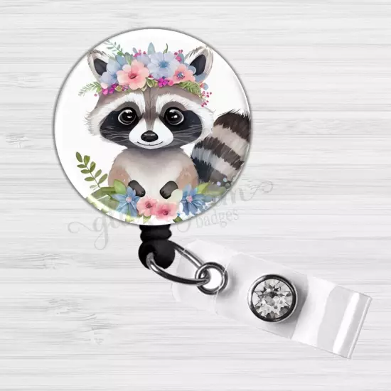 Baby Raccoon Nurse Badge Holder, Flower Badge Reel, Medical ID Retractable 6576