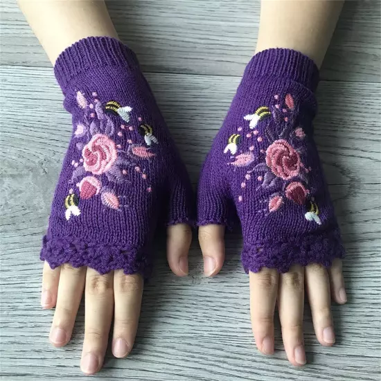 Women Handmade Embroidery Gloves Knit Gloves Flower Gloves Hand Knit Fingerless