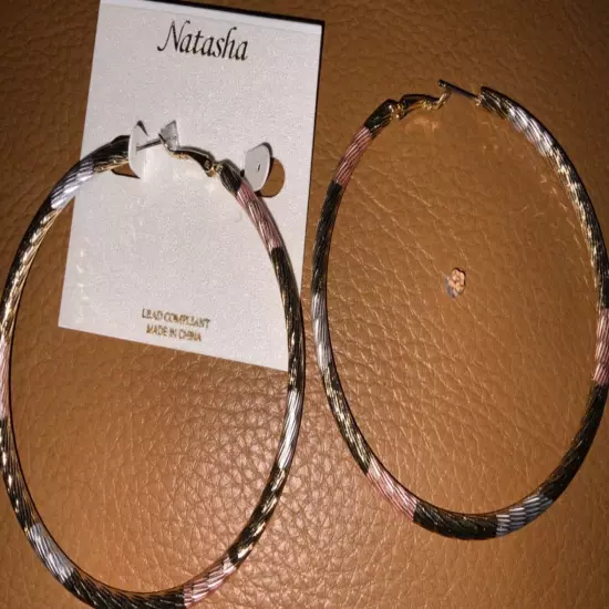 Natasha large size medweight hoop earrings gold silver tone 3” diameter NWT