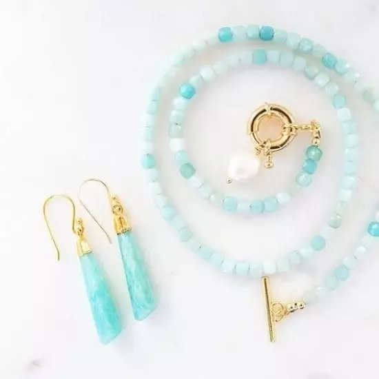 Amazonite Gemstone Geometric Drop Gold Dangle Earrings Gift For Her Turquoise