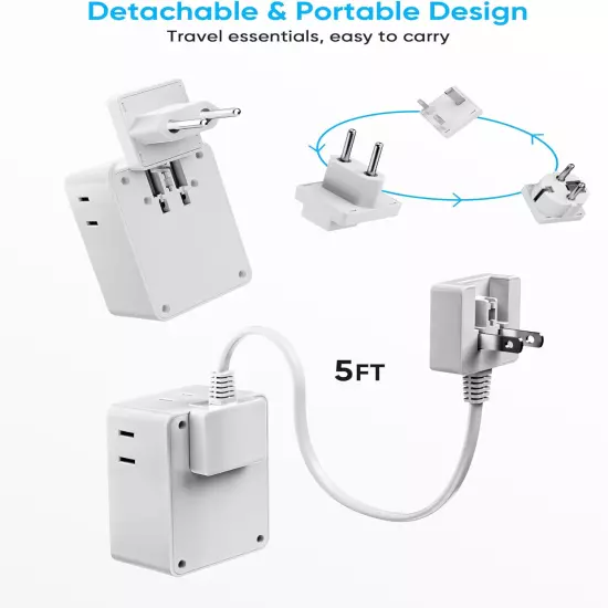 European Travel Plug Adapter, 5Ft Detachable Extension Cord with Type C/G/E/F 