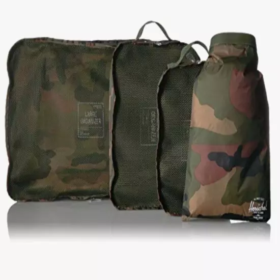 HERSCHEL 4 Piece Travel Organizer Set Cubes and Bag Ripstop WOODLAND CAMO