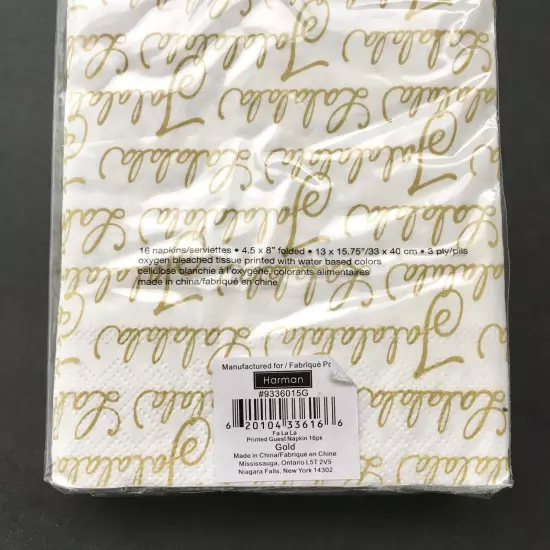 Harman Paper Guest Napkins Christmas Carols Fa La La White Gold Letters 16 Ct.