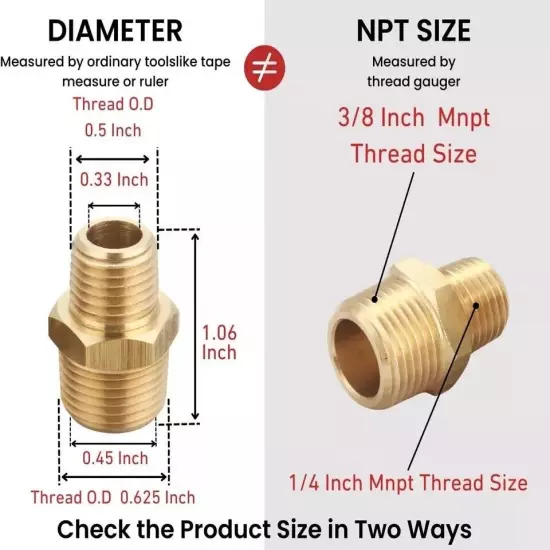 5Pc 3/8" Male to 1/4" Male NPT Hex Nipples Reducer Adapter Brass Pipe Fittings