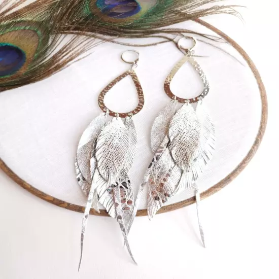 silver extra long leather feather earrings shine silver feather earrings