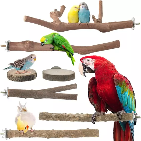 7PCS Bird Perch Stand, Natural Grape Wood Pole Parrot Standing Branch Paw Grindi