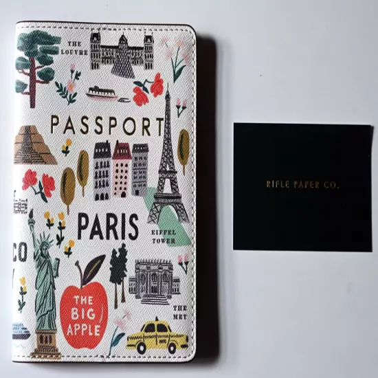 RIFLE PAPER CO. PASSPORT HOLDER WALLET ~ BON VOYAGE! PARIS NYC Excellent UNUSED