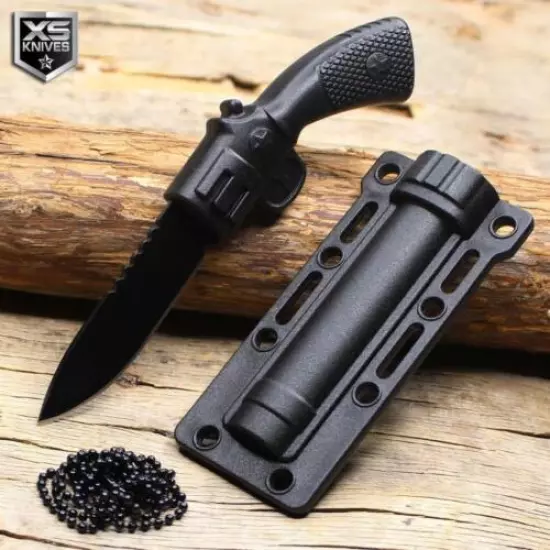 Tactical Military SURVIVAL Pistol Style Fixed Blade NECK Knife + Sheath BLACK