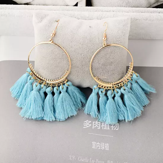 Fashion Women Bohemian Earrings Long Tassel Fringe Drop Dangle Ear Stud Jewelry