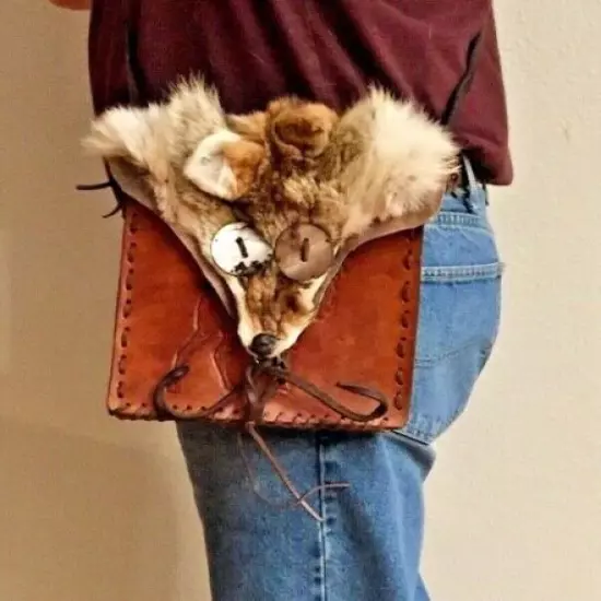 Mountain Man Possibles Bag, Hand Tooled Elk Front, Hand Woven & Red Fox Face