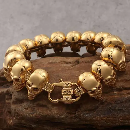 Heavy Men's 18K Gold Stainless Steel Gold Skull Bicycle Chain Bracelet Wristband