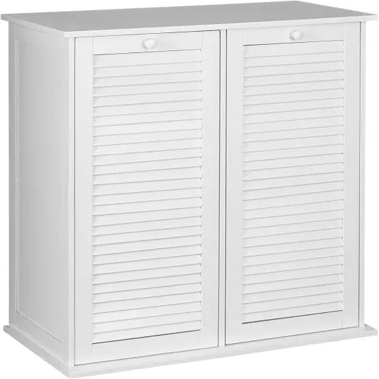 Tilt-Out Laundry Sorter Cabinet with Shutter Front, White, White Wood Shutter