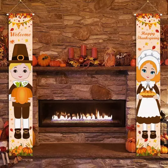 Fall Decorations Porch Banner Thanksgiving Decorations Pilgrim Boy and Girl P...