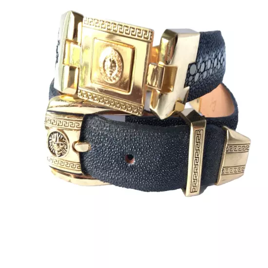 Men's Stingray Black Exotic Leather Golden Links Belt Cinto Exotico Mantarraya