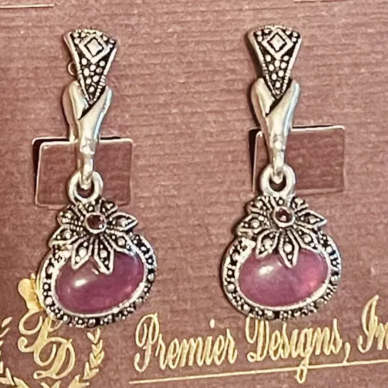 Premier Designs Purple Cab Floral Silver Tone Dangle Earrings Omega Back 1 1/4"