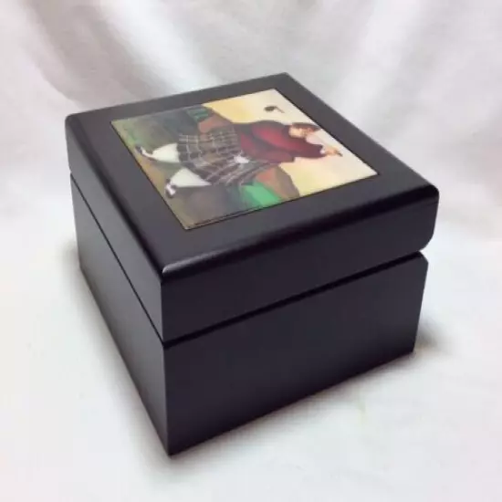 Mans Jennifer Garant Signed Jewelry Box w/Fat Scottish Golfer in Kilt Attire