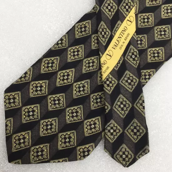 Valentino Italy Black Gray Beige Diamond Silk Tie Men's Classic 3.8" x 55"