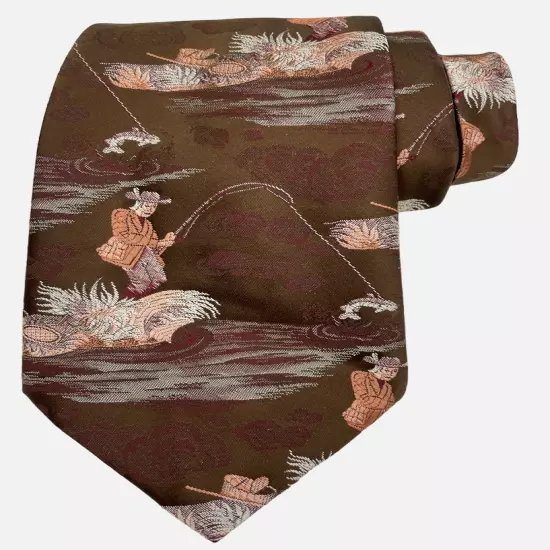 Vintage Keynote England Fly Fishing Trout Wide Brown 1970's Necktie Tie 4" x 53"